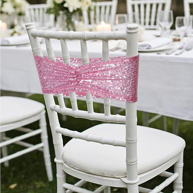 Poise3EHome Fuchsia Pink Sequin Chair Sashes Folding Chair Covers Bow for Wedding Party Reception Decorations, 20 PCS