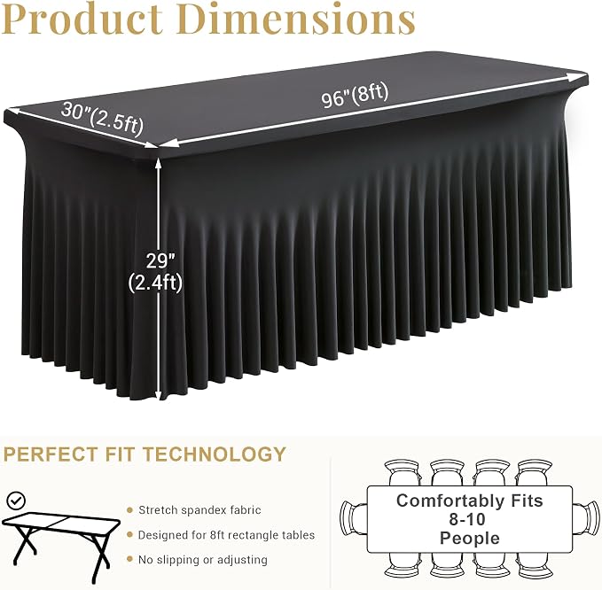 Black Spandex Table Cloths for 8 Foot Rectangle Tables, 2 Pack Wrinkle Free Fitted Table Cover 8ft Tablecloth Stretchy Table Skirt for Parties Weddings Banquet Birthday Baby Shower