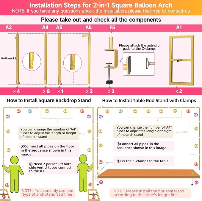Square Backdrop Stand, Wedding Arch Heavy Duty Adjustable Stand, Over The Table Rod Stand with Clamps, Metal Gold Garden Balloon Frame for Baby Shower Party Decoration