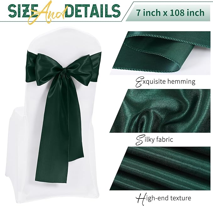 120 PCS Emerald Green Satin Chair Sashes, Ties Bows Designed Chairs Decorative, Chair Cover Sashes for Thanksgiving Wedding Christmas Banquet Party Home Kitchen Decoration (7 x 108 inch)