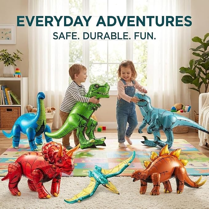 6-Pcs Inflatable Dinosaur Birthday Party Decorations - Large Blow-Up Dino Toys for Kids (20-26”) Dinos for Boys or Girls - Self-Standing Vinyl Balloons for Jurassic Theme Party & Pool Floats