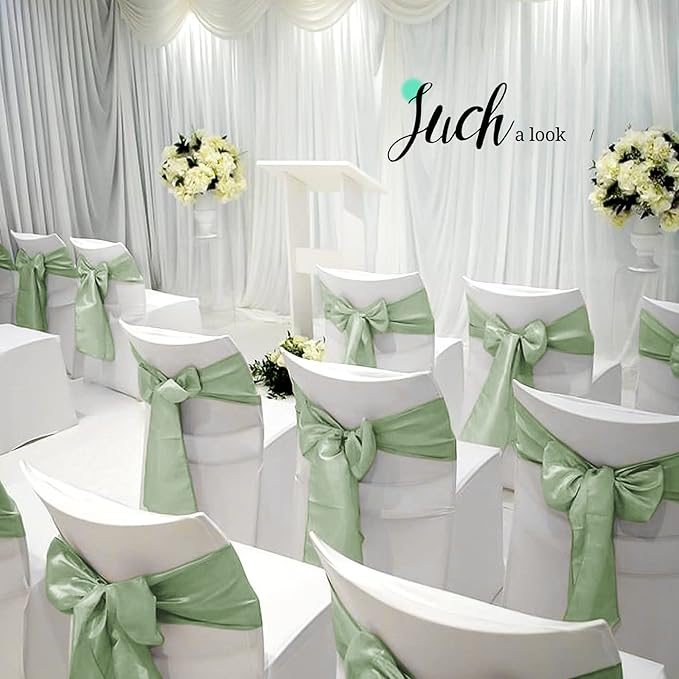 Pesonlook 60 PCS Sage Green Satin Chair Sashes Bows Satin Chair Sashes Universal Chair Cover for Wedding Reception Restaurant Event Decoration Banquet,Party,Hotel Event Decorations (7 x 108 inch)