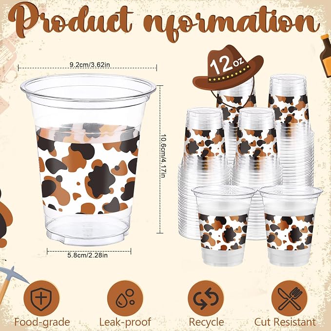 Jingmore 100 Pcs Cow Theme Plastic Cups 12 oz Highland Cow Western Cowboy Disposable Clear Plastic Drinking Cups Bulk for Highland Farm Animal Themed Birthday Baby Shower Party Decorations Supplies