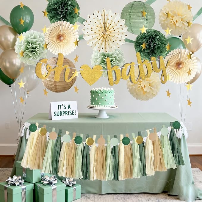 Sage Green Baby Shower Decorations Boy Oh Baby Banner Olive Sage Green Paper Pom Poms Paper Tassel Garlands for Baby Gender Reveal Party Decor