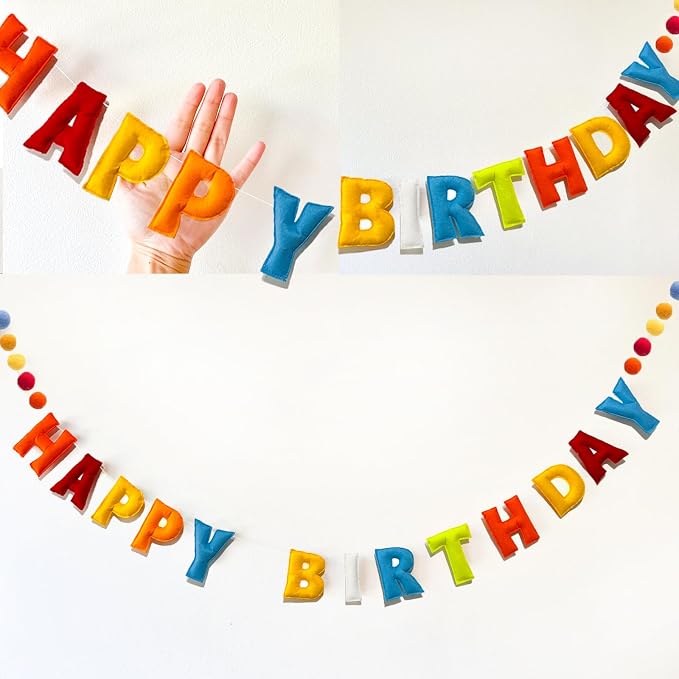 Pre-Strung Happy Birthday Banner - Felt Ball Garland, Rainbow Party Decorations, HAPPY BIRTHDAY Garland, Personalized Birthday Sign for Birthday Decor, Party Decor, Photo Prop (Rainbow-Colored Happy Birthday Banner)