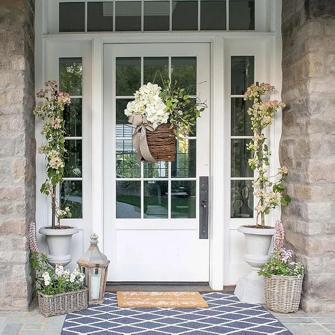 Cream Hydrangea Door Hanger Basket Wreath - Farmhouse Spring Wreath with Wildflowers, Mother's Day Decor, Artificial Rattan Hanging Basket for Porch, Wall, Home Decor