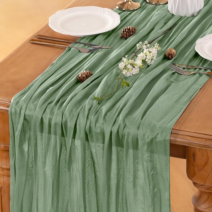 LINXTAR Sage Green Cheesecloth Table Runner 4 Pack 120 Inches 10Ft Gauze Summer Boho Table Runner for Wedding Tea Party Baby Shower Bridal Birthday Home Decoration