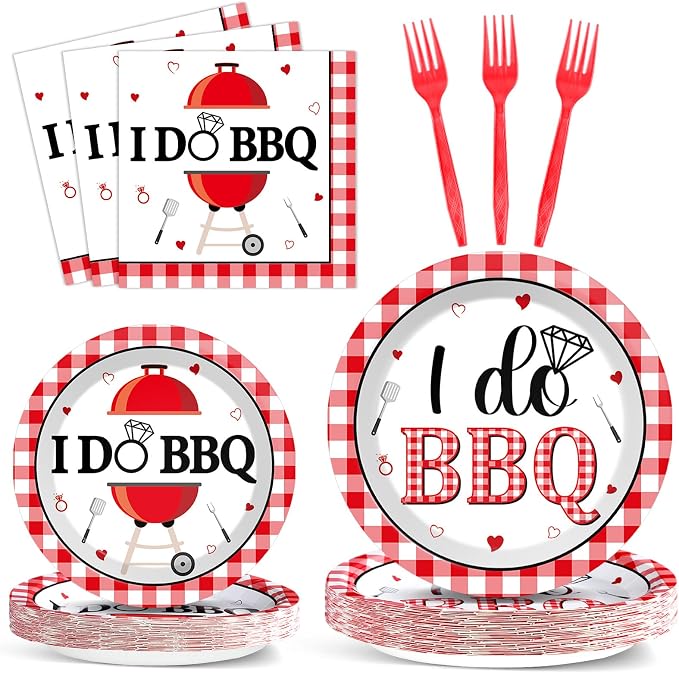 96Pcs BBQ Bachelorette Party Supplies Red and White Plaid Checkered Paper Plates and Napkins I DO BBQ Tableware Disposable Dessert Dinnerware for Barbecue Wedding Bridal Shower Picnic for 24 Guests