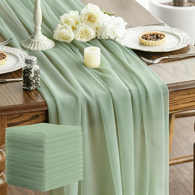 Sage Green Sheer Chiffon Table Runner 35x120 Inches 12 Pack Bulk for Outdoor Wedding Bridal Shower Graduation Party Table Decor