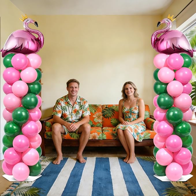 2 Sets Tropical Flamingo Balloon Column Stand Kit with 102 Pink Green Flamingo Foil Balloons Animal 5.57ft Adjustable Balloon Tower Stand with Bases Adjustable Arch Column for Luau Party Decor