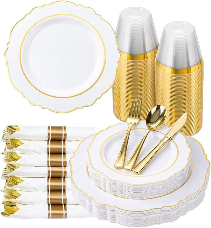 175 Piece White Gold Plastic Dinnerware Set for 25 Guests Elegant Disposable Dinnerware for Weddings, Parties, 50 Plastic Plates, 25 Pre Rolled Napkins with Silverware, 25 Cups