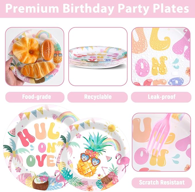 96Pcs Summer Birthday Party Supplies Pool Paper Plates Napkins and Forks Hawaii Party Decorations Hula on Over Dinnerware Favor for Men or Women Tableware Serves 24