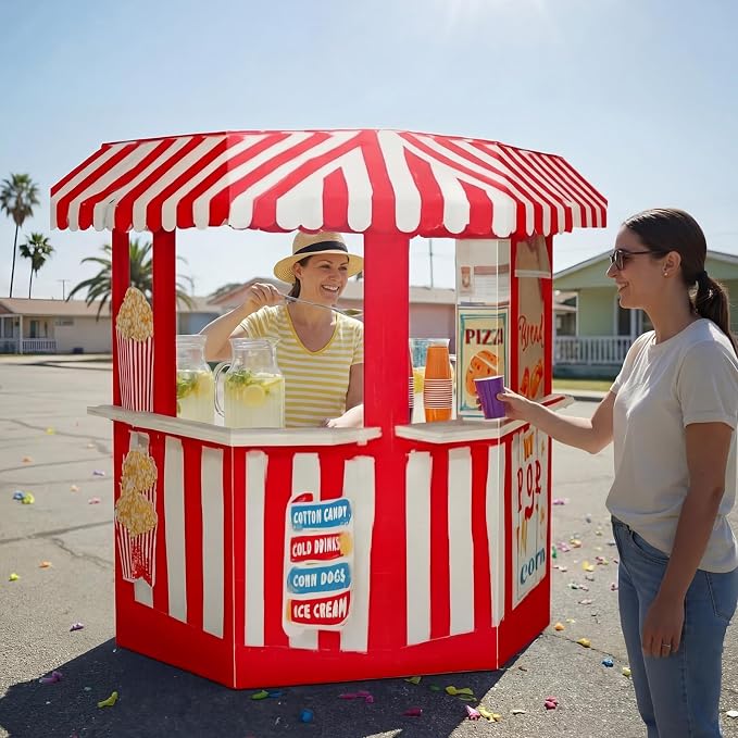 Threehoney 7.6ft 3D Carnival Vendor Booth Cardboard Cutout Stand up Life Size Circus Theme Party Decorations Backdrop Photo Prop Popcorn Bar Stand up for Carnival Party Decoration Supply
