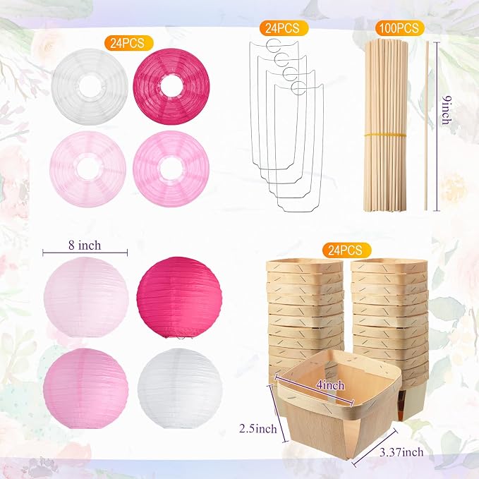 Namalu 24 Set Hot Air Balloon Table Centerpieces Baby Shower Party Decoration Paper Lanterns with Wooden Basket Sticks for Summer Birthday School DIY Craft(Hot Pink)
