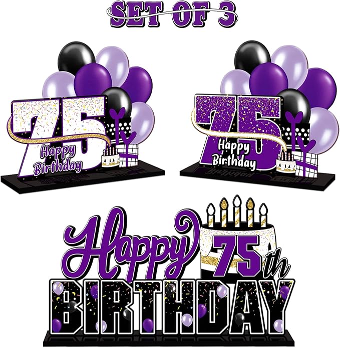 LINGTEER Happy 75th Birthday Purple Acrylic Table Topper Centerpieces Set - Cheers to 75 Years Old Birthday 75th Bday Party Gift Decorations.