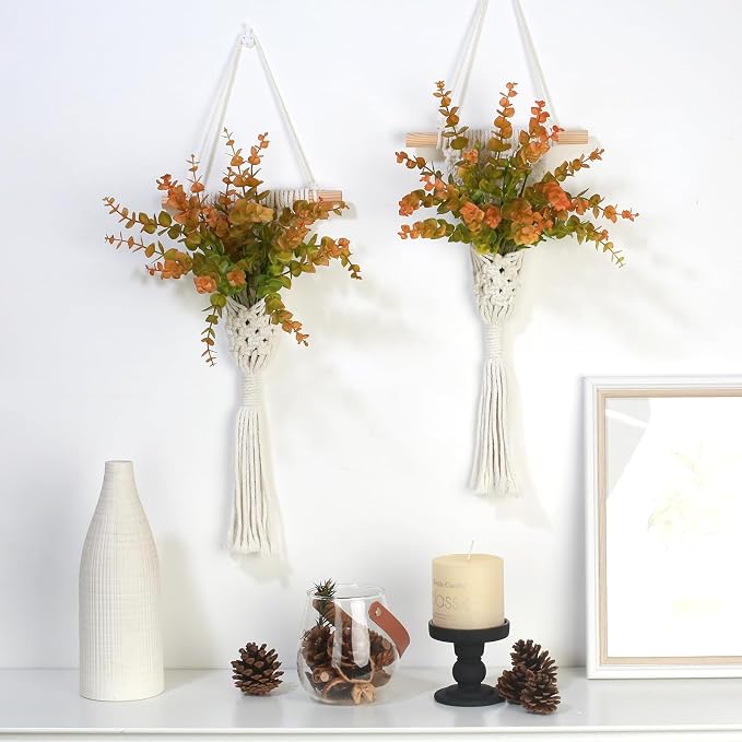 Macrame Wall Hanging Plants with LED Lights, White Cotton Rope, Wooden Dowel, Boho Woven Plant Holders with Artificial Eucalyptus Leaves, Wall Decor, Set of 2 (Orange)