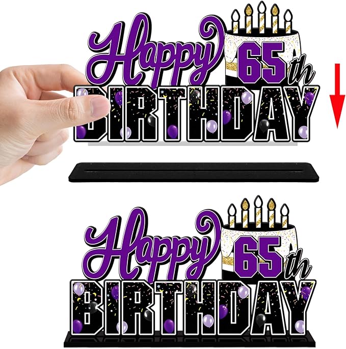 LINGTEER Happy 65th Birthday Purple Acrylic Table Topper Centerpieces Set - Cheers to 65 Years Old Birthday 65th Bday Party Gift Decorations.