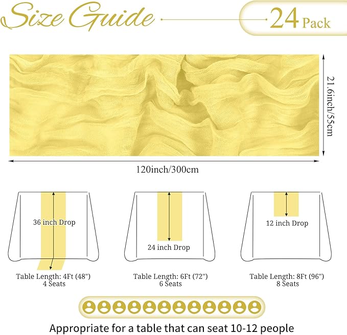 24 Pack Light Yellow Cheesecloth Table Runner 10FT Boho Gauze Cheese Cloth Table Runner Rustic Sheer Fabric Table Runners for Wedding Bridal Shower Baby Shower Party(21.5×120 Inch)