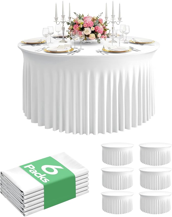 6 Pack Spandex Table Cover Skirts for 60 inch Round Tables, White Stretch Table Cloths with Floor-Length Ruffle, Elastic Fitted Skirted Tablecloth for Elegant Wedding Banquet Party Buffet Decoration