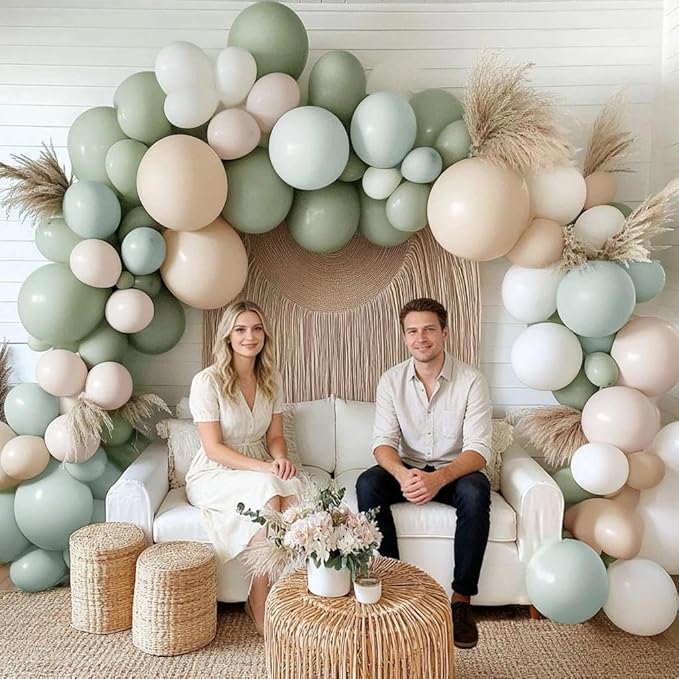 Sage Green White Balloon Garland Double Stuffed Dusty Green Cream Sand White Beige Latex Neutral Balloons Arch Kit for Boho Baptism Baby Shower Birthday Wedding Decoration