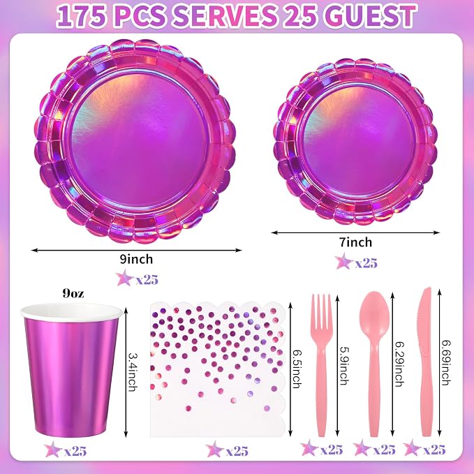 175 Pcs Iridescent Pink Party Supplies Include 25 guest Scalloped Holographic Pink Paper Plates and Napkins Set for Mermaid, Disco and Birthday Party Decor