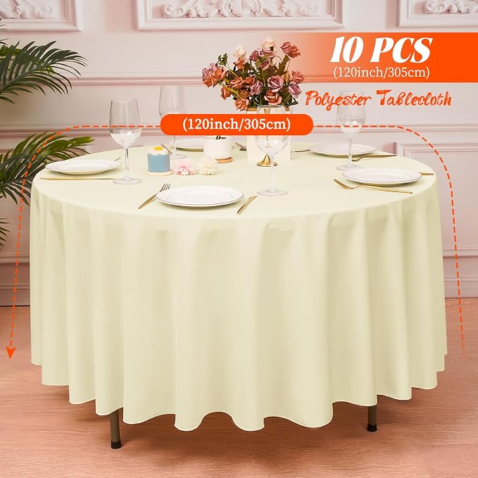 10 Pack Beige Round Tablecloth 120 Inch, Waterproof Polyester Table Cloth for Round Tables Beige Tablecloths Stain and Wrinkle Resistant Washable Fabric Table Cover for Party Dining Wedding Banquet
