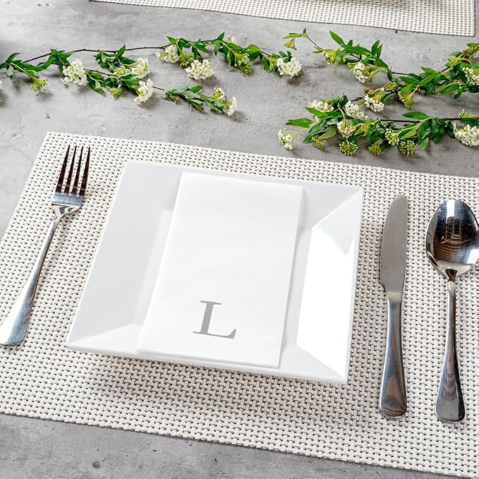 Luxenap 15.8 X 7.9 Inch Linen-Feel Guest Towels, 50 Lettered Hand Towels - Silver Letter 'L', Sans Serif Font, White Paper Dinner Napkins, airlaid, For Restrooms And Tables - Restaurantware