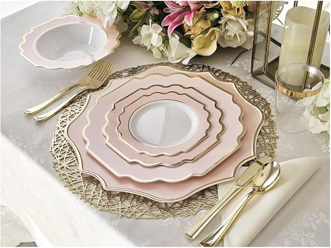 OCCASIONS Pink Plastic Plates - 50 Plates Pack (25 Guests) Heavyweight Disposable Dinner & Dessert Plate Set for Wedding, Party, Baby Shower (25x10.5" + 25x8") Imperial in Blush Pink & Gold