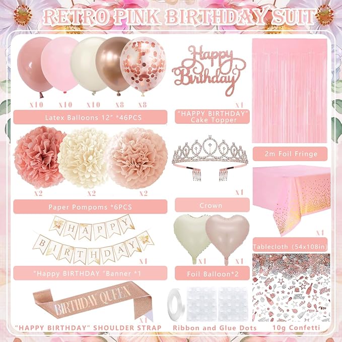 Birthday Decorations Set, Pink Party Decoration with Vintage Pink Balloons, Banner, Pom Poms, Fringe Curtain Background, Birthday Crown, Shoulder Strap for Girls Women Boho Party Supplies