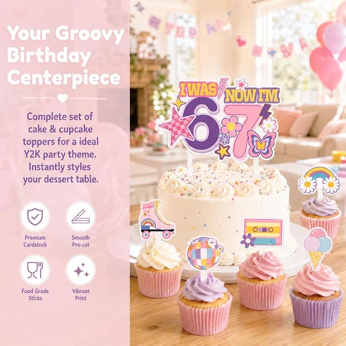 67 Birthday Decorations Set for Girls, 46PCS, Turning 7 Theme Birthday | Paper-3 Banners,24 Cupcake Toppers,1 cake Toppers,18 Balloons, i was 6 now im 7 birthday decorations