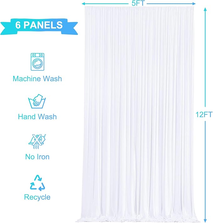6 Panels White Backdrop Curtains for Wedding Party Wrinkle Free Backdrops Curtain Drapes Fabric Decorations Photo Back Drop Cloth for Baby Shower Photography Stage Reception 30ft(W) x 12ft(H)