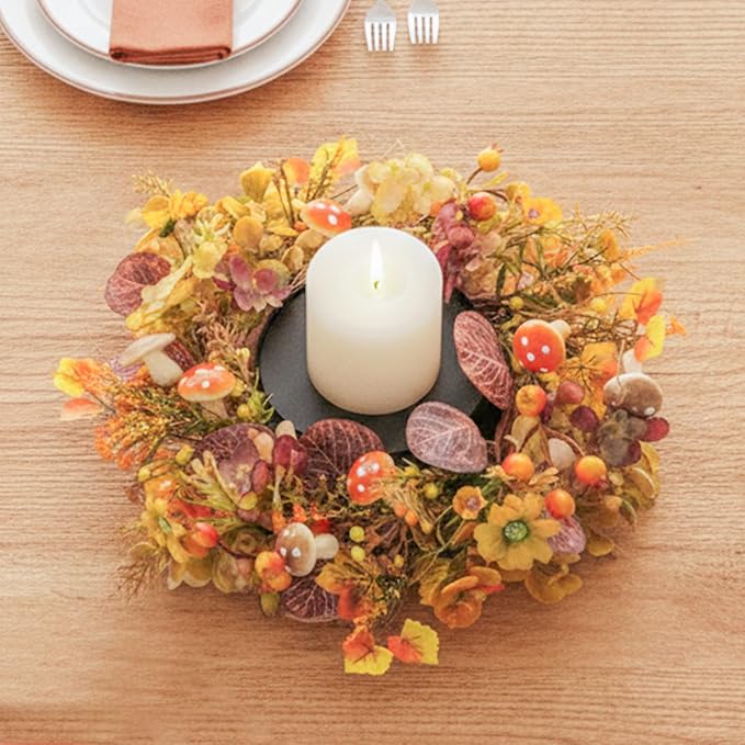 MOYEE Autumn Centerpieces for Tables Candle Ring, Black Metal Candlestick with an Artificial Wreaths 14 in Versatile Dining Table Centerpiece Decor (Mushroom and Daisy Wreath)