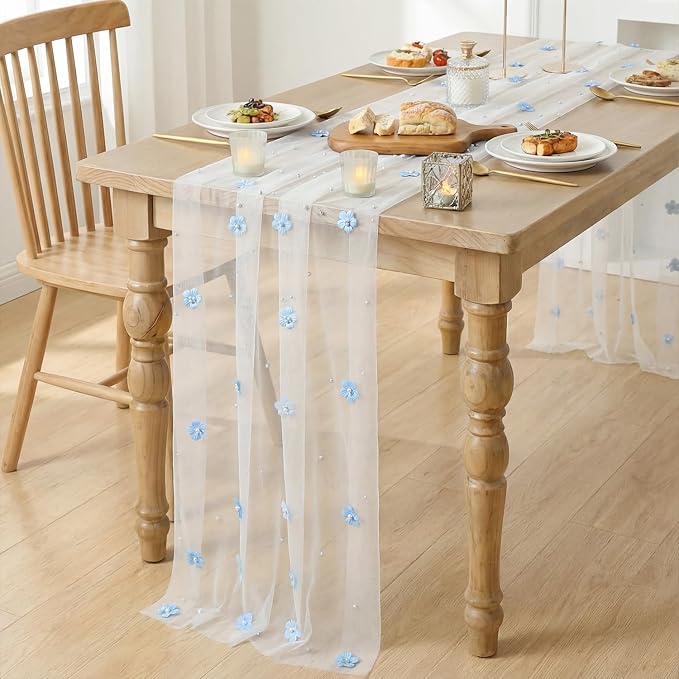 Artoid Mode Blue Flower Pearl White Gauze Table Runner 10FT, Seasonal Sheer Dining Holiday Wedding Birthday Baby Shower Table Decor for Home Party