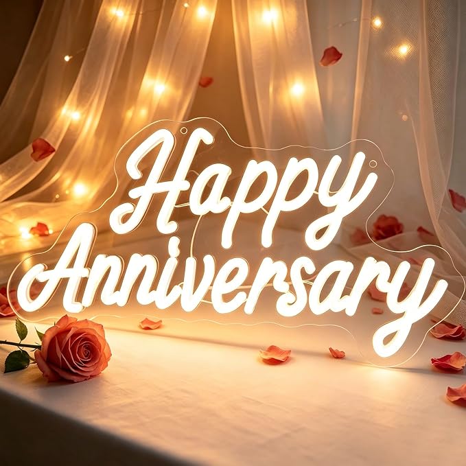 Happy Anniversary Neon Sign - 15.75" Dimmable LED Wall Decor Light, USB Romantic Gift for Couples,Business Celebrate Banner，Party Wedding Anniversary Decorations