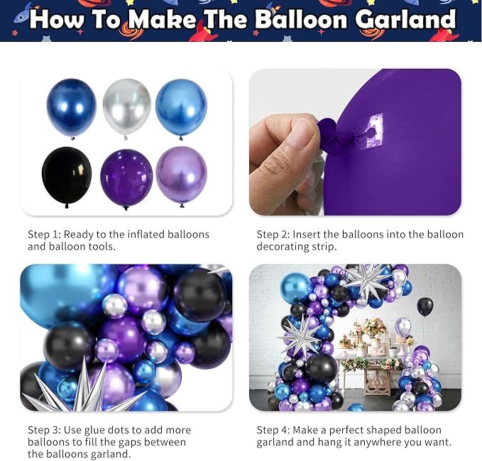 Outer Space Balloon Garland Arch Kit, Galaxy Theme Birthday Party Decorations for Boys, Metallic Chrome Blue Purple Silver Explosion Star Balloon Garland Kit for Kids Baby Shower Party Decor Supplies