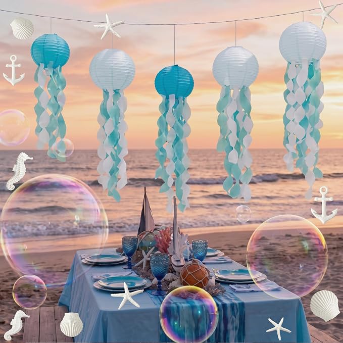 VioraWhite 21 Pcs Ocean Beach Birthday Party Decorations 6 Pcs 9.8'' Hanging Jellyfish Paper Lanterns 12 Resin Shell 2 Bubble Garlands for Nautical Under The Sea Mermaid Baby Shower Birthday Decor