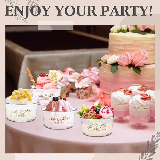 SiliFine 100 Pcs Mr and Mrs Wedding Cups 12 oz Disposable Ice Cream Cups Wedding Reception Bowls for Bridal Shower Engagement Anniversary Party Favors Supplies Decoration