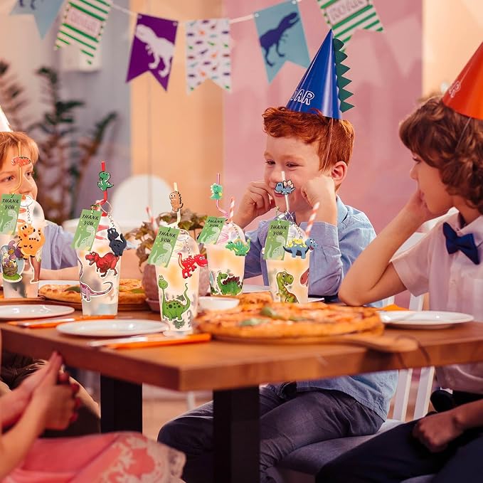 Qilery 195 Pcs 16 Guests Dinosaur Birthday Party Favors for Kids Includes Plastic Cup with Lid Straw Keychain Bracelet Ring Stamper Stickers Tag for Party Favors Piñata Filling