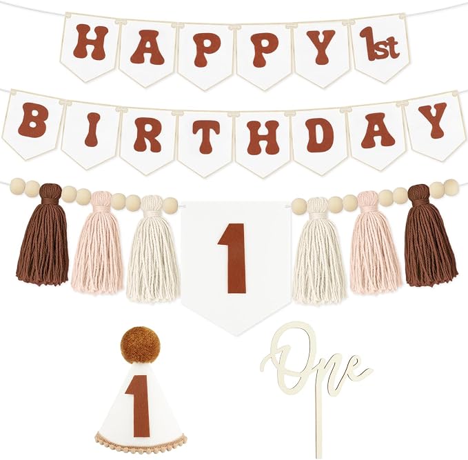 THAWAY 1st Birthday Decorations, White Brown Bohemian Style High Chair Banner Set with Tassel Wood Bead, Birthday Hat & Wooden Cake Topper for One Year Old Party Supplies