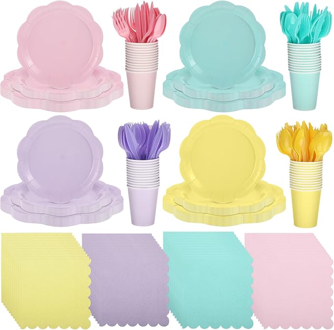 Qinyoung 388 Pcs Pastel Plates and Napkins Party Supplies Tableware Include Disposable Scalloped Plate Paper Napkin Cup Plastic Cutlery for Baby Shower Party Wedding Birthday, 48 Sets