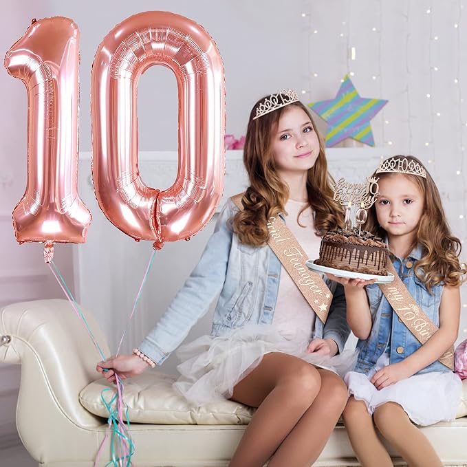 10th Birthday Decorations for Girls, Include 10th Birthday Sash and Tiara, Cake Topper and Candles, Number Balloons, 3D Pop Up Greeting Card, 10 Year Old Gifts for Girls