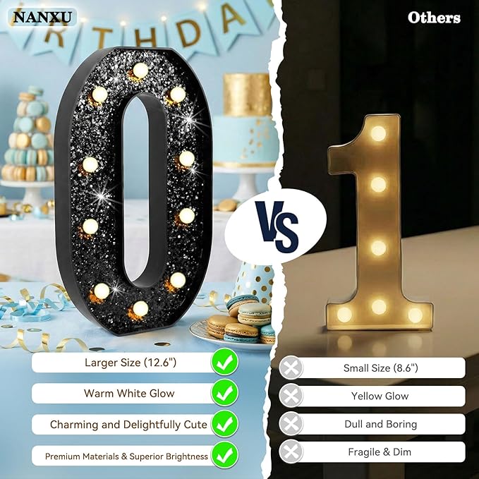 12.6 Inch LED Black Marquee Light Up Numbers, 60th Birthday Decorations Number Lights as Gifts for Women Men, Glitter Lighted Marquee Numbers for Black Anniversary Party Table Decor, 60