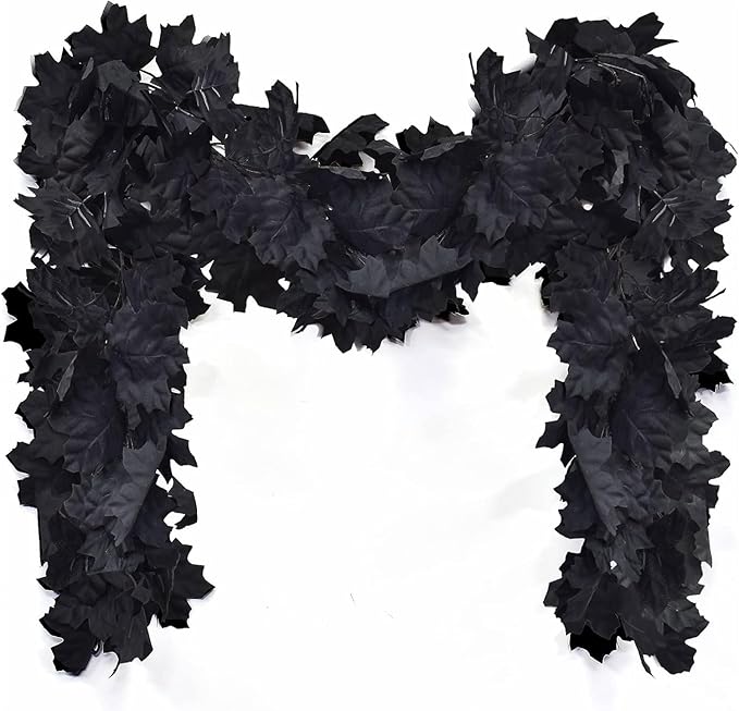 3 Pack Black Leaf Garland, Artificial Autumn Hanging Maple Leaves Vines Foliage Garland for Halloween Party Front Door Home Fireplace Decor (5.5Ft/Pack)