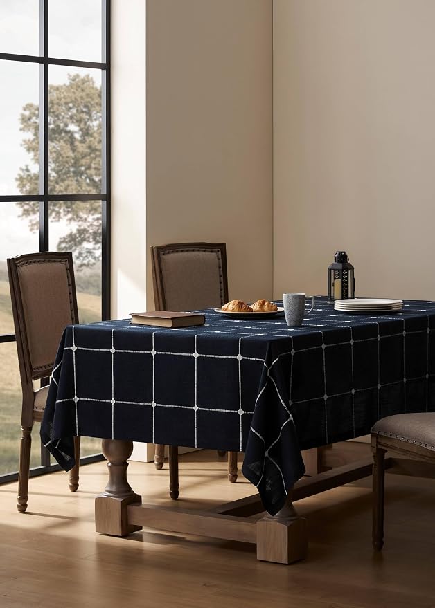 ZeeMart Grid Embroidered Hemmed Tablecloths, Navy 54x108 Inch, Farmhouse Style Heavy Weight Cotton Linen Navy Blue Tablecloths, Boho Plaid Water Resistant Rectangle Table Cloth