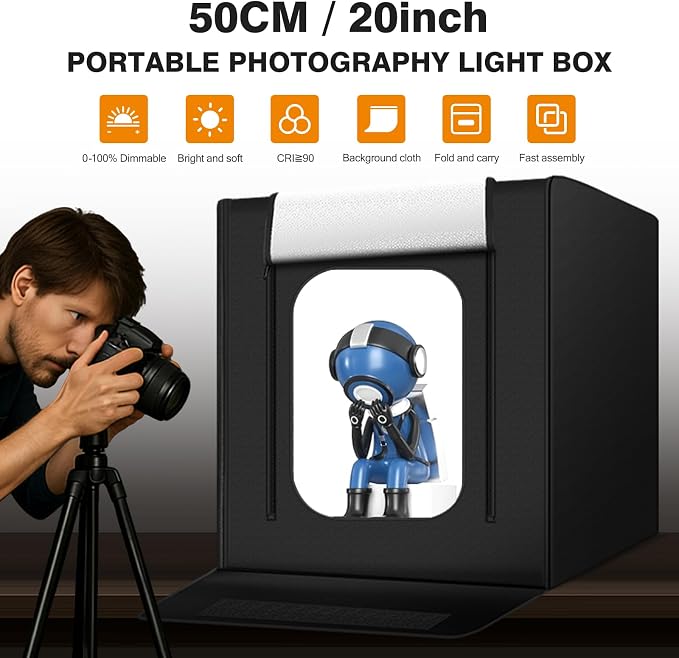Light Box Photography 20"x20" with 80LED Lights and 4 Color Backdrops Photo Box with Lights, Foldable Light Box with Adjustable Brightness, 6000-6500K Dimmable Portable Picture Box Shooting