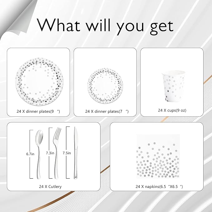 Silver Paper Plates and Napkins Party Supplies, White and Silver Plates Serve 24, 168Pcs Silver Party Decorations for Wedding Bachelorette First Communion Graduation Party