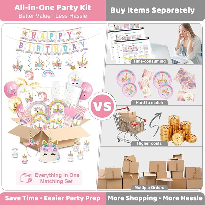Unicorn Birthday Decorations, Unicorn Party Decorations, Rainbow Birthday Decor for Girls, Includes Plates, Cups, Napkins, Banner, Tablecloths, Balloons, Cupcake&Cake Topper serve 24 Guests
