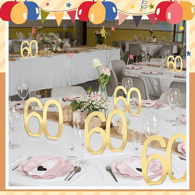 Threehoney 6 Pcs Mirror Gold 60th Birthday Decorations for Men and Women Acrylic Anniversary Decorations Table Numbers Centerpieces for Birthday Party