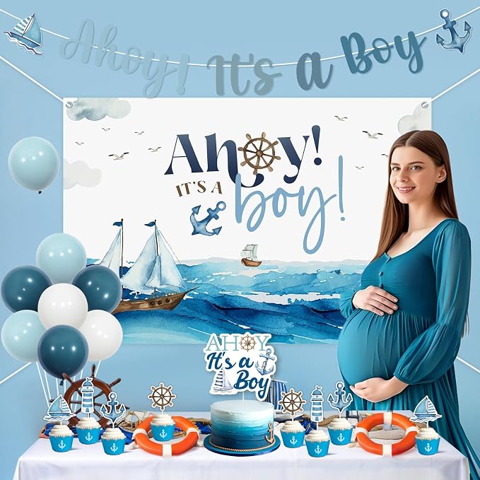 Ahoy Its A Boy Baby Shower Decorations Ahoy It's A Boy Backdrop Banner Nautical Baby Shower Cake Topper Ocean Navy Theme Party Sailor Birthday Ocean Sailing Sailboat Lighthouse Decor