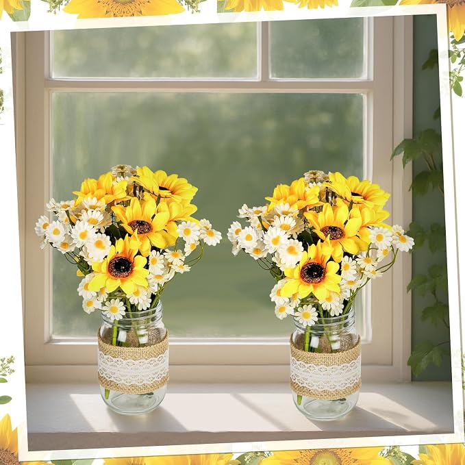 Cinrobiye 6 Sets Sunflower Mason Jar Table Centerpiece Faux Floral with Rope Boho Rustic Flower Mason Jar Vases Reception with Accessories for Engagement Party Bridal Baby Shower Wedding Table Decor